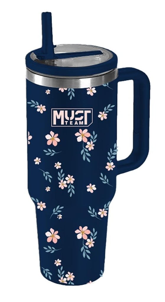 Ποτήρι - θερμός ανοξείδωτο 900ml με καλαμάκι Must - Μπλε Φλοράλ